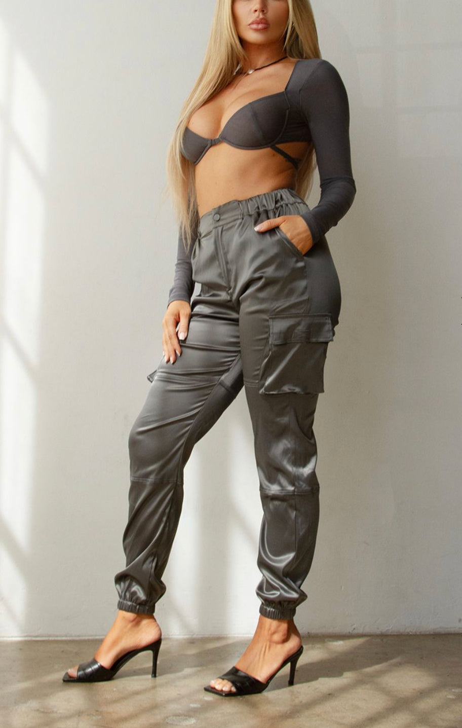 SATIN HIGH WAIST CARGO JOGGERS